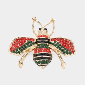 Green Red Gold Stripe Rhinestone Crystal Honey Bee Brooch Pin Fashion Accessory